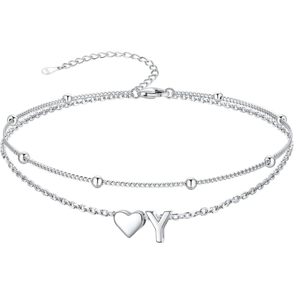 imageSILVERCUTE Silver Anklets for Women Waterproof Initial Heart Ankle Bracelets Sterling Silver Adjustable Layered Foot Jewelry Summer Beach Fashion with Personalized Name Design Gift PackageY