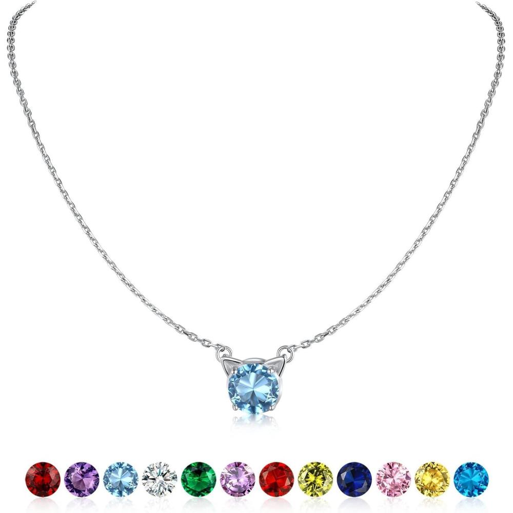 imageSILVERCUTE Sterling Silver Birthstone Necklace for WomenDainty Silver Pendant Necklace with Round Cubic Zirconia16quot18quot03MarchAquamarineCat