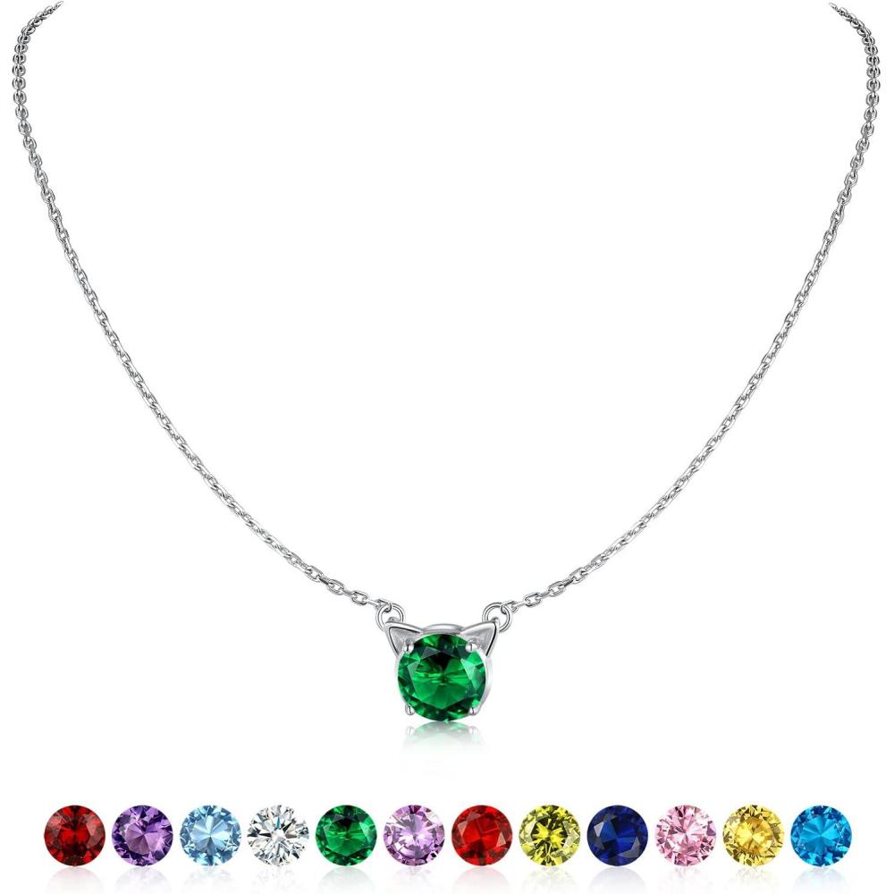 imageSILVERCUTE Sterling Silver Birthstone Necklace for WomenDainty Silver Pendant Necklace with Round Cubic Zirconia16quot18quot05MayEmeraldCat