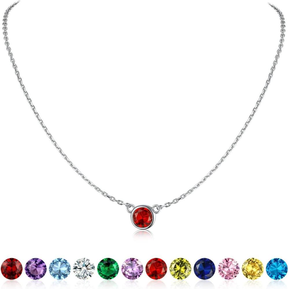 imageSILVERCUTE Sterling Silver Birthstone Necklace for WomenDainty Silver Pendant Necklace with Round Cubic Zirconia16quot18quot07JulyRuby