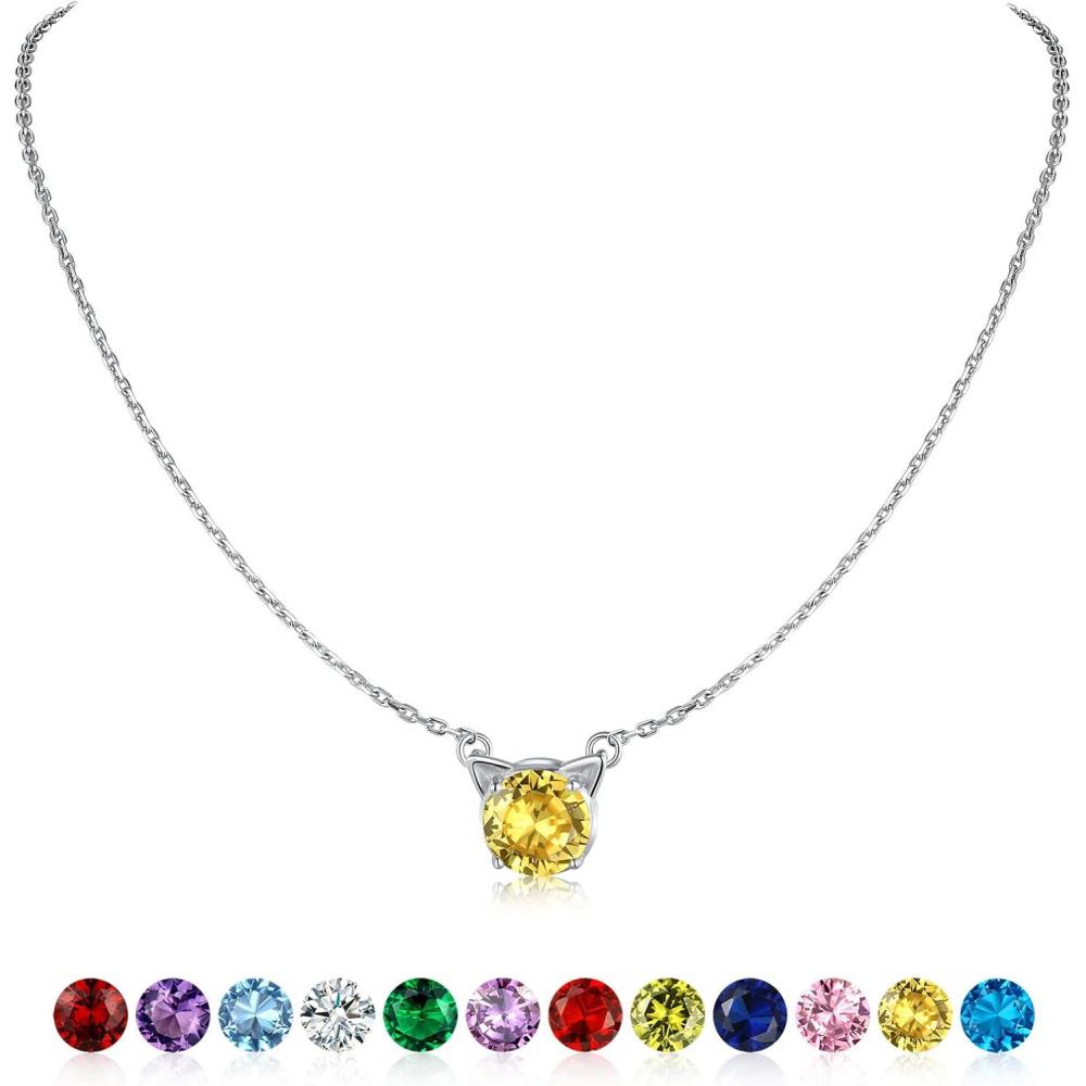imageSILVERCUTE Sterling Silver Birthstone Necklace for WomenDainty Silver Pendant Necklace with Round Cubic Zirconia16quot18quot11NovemberCitrineCat
