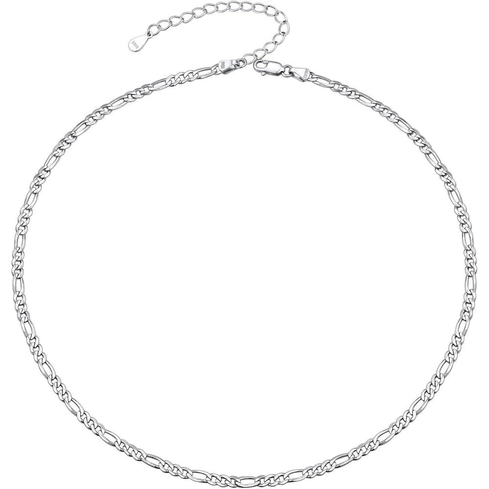 imageU7 14 Inch Choker Necklace Solid Sterling Silver 3mm Figaro Chain for Women