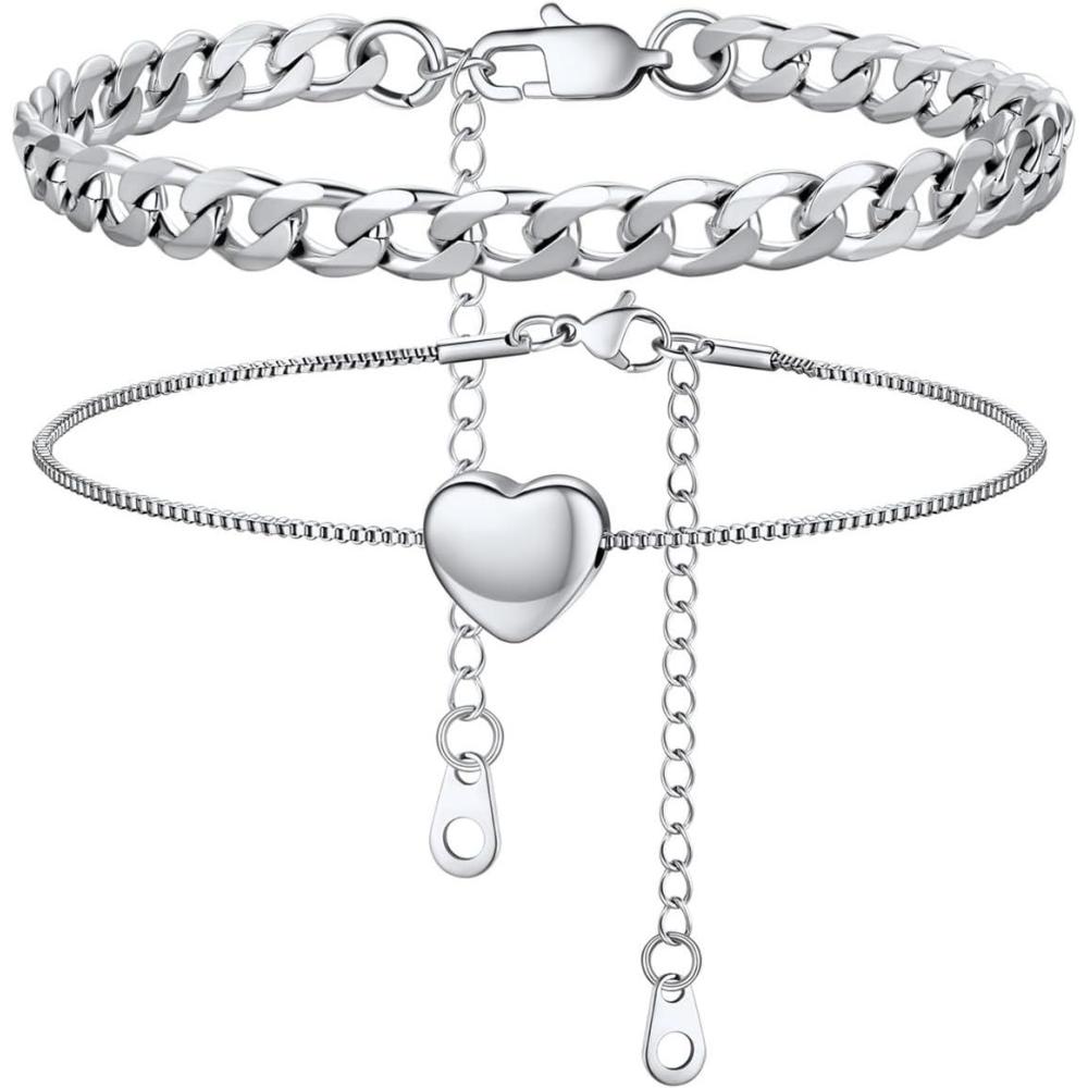 imageU7 2Pcs3Pcs Ankle Bracelets for Women Stainless Steel Cuban LinkFigaroRopeHeart Chain Anklets SetsWaterproof Layered Anklets Adjustable 85quot105quot02 2Pcs Style BStainless Steel