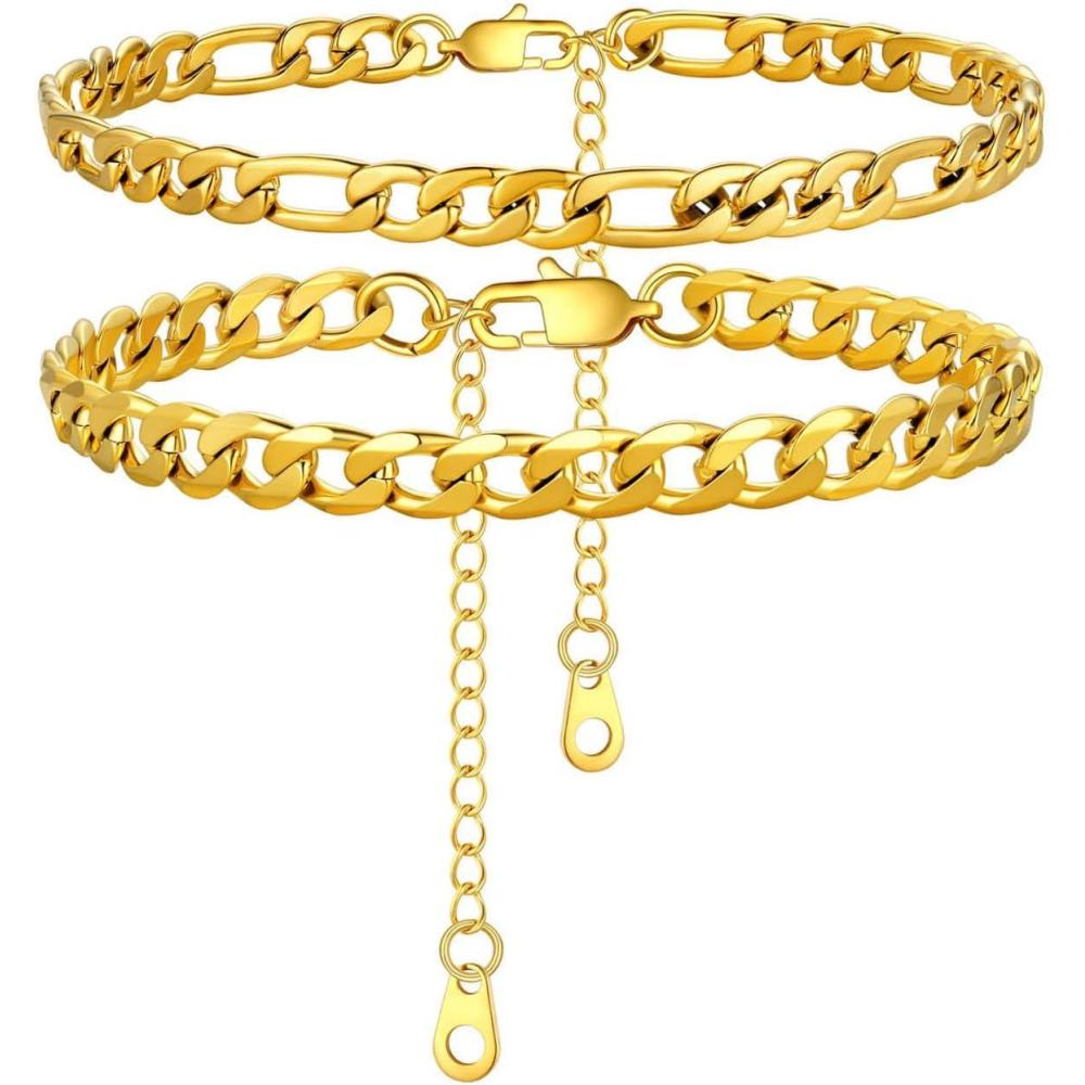 imageU7 2Pcs3Pcs Ankle Bracelets for Women Stainless Steel Cuban LinkFigaroRopeHeart Chain Anklets SetsWaterproof Layered Anklets Adjustable 85quot105quot01 2Pcs Style AGold