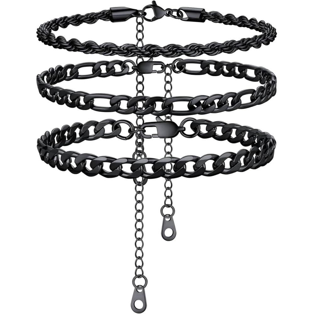 imageU7 2Pcs3Pcs Ankle Bracelets for Women Stainless Steel Cuban LinkFigaroRopeHeart Chain Anklets SetsWaterproof Layered Anklets Adjustable 85quot105quot03 3Pcs Style ABlack