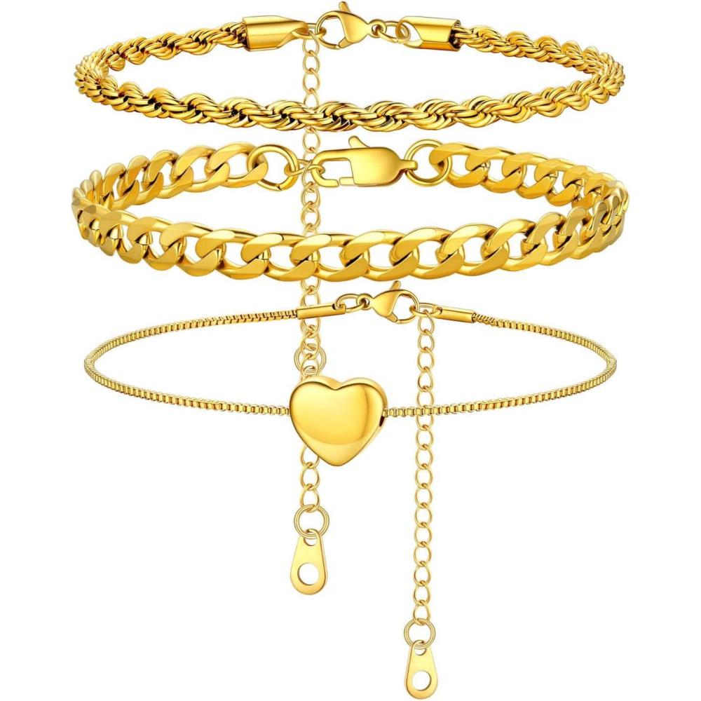 imageU7 2Pcs3Pcs Ankle Bracelets for Women Stainless Steel Cuban LinkFigaroRopeHeart Chain Anklets SetsWaterproof Layered Anklets Adjustable 85quot105quot04 3Pcs Style BGold