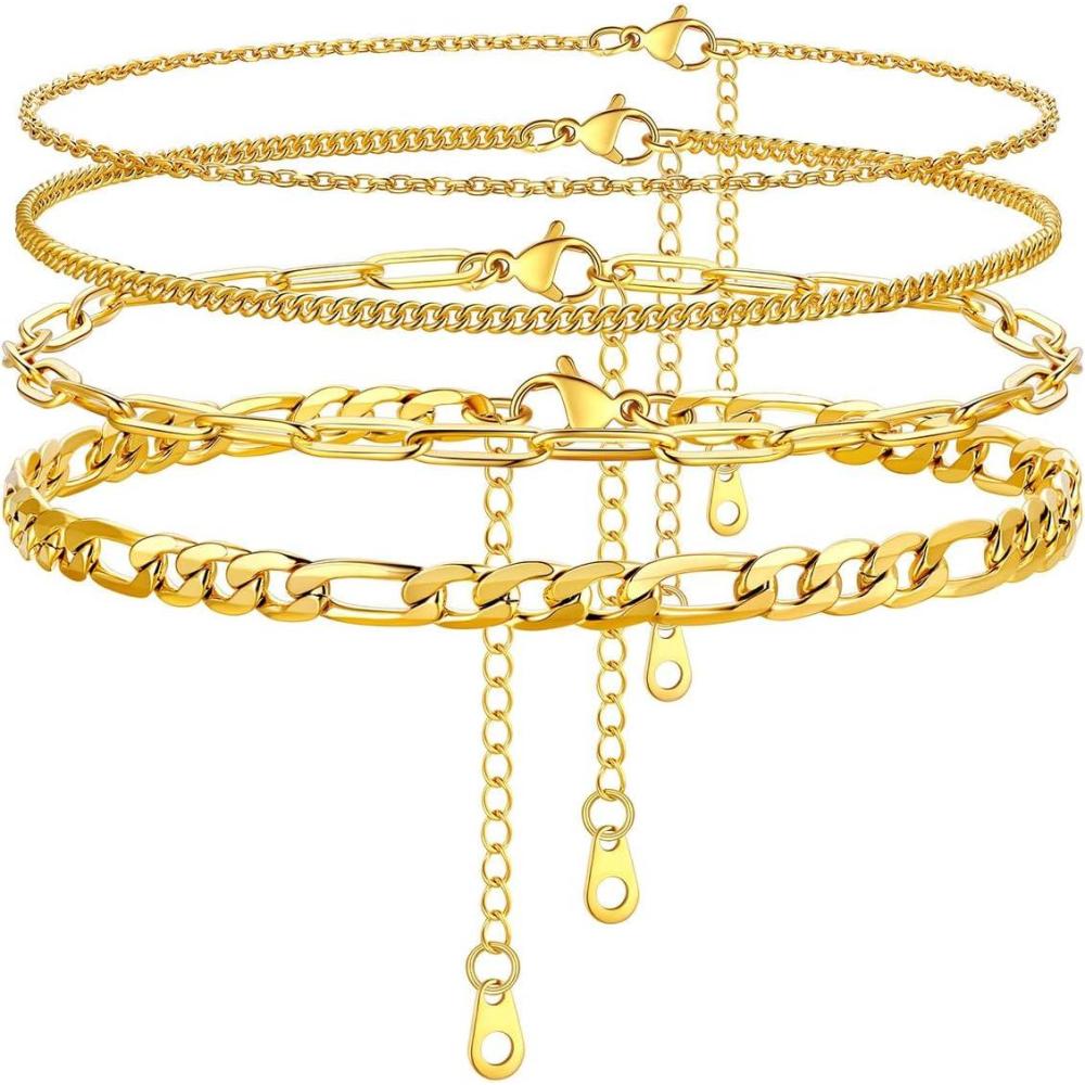 imageU7 2Pcs3Pcs Ankle Bracelets for Women Stainless Steel Cuban LinkFigaroRopeHeart Chain Anklets SetsWaterproof Layered Anklets Adjustable 85quot105quot054Pcs Style AGold