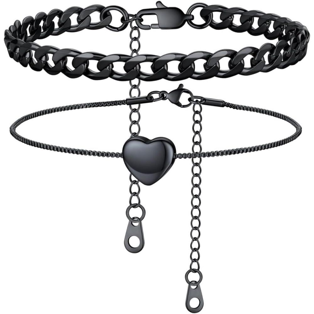 imageU7 2Pcs3Pcs Ankle Bracelets for Women Stainless Steel Cuban LinkFigaroRopeHeart Chain Anklets SetsWaterproof Layered Anklets Adjustable 85quot105quot02 2Pcs Style BBlack