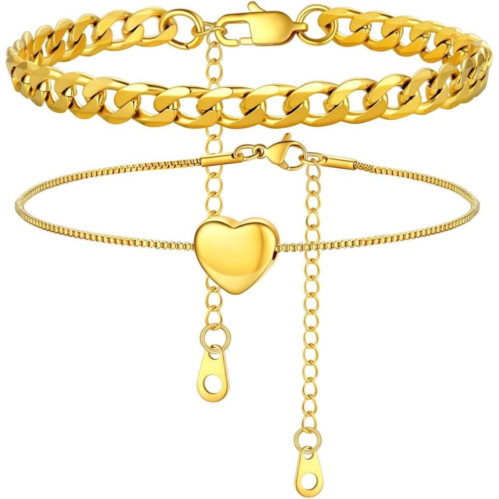 imageU7 2Pcs3Pcs Ankle Bracelets for Women Stainless Steel Cuban LinkFigaroRopeHeart Chain Anklets SetsWaterproof Layered Anklets Adjustable 85quot105quot02 2Pcs Style BGold