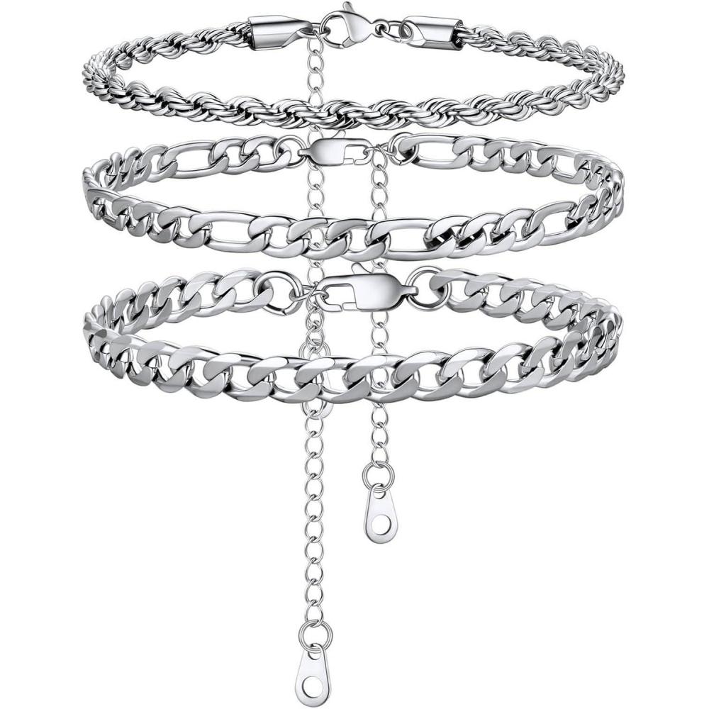 imageU7 2Pcs3Pcs Ankle Bracelets for Women Stainless Steel Cuban LinkFigaroRopeHeart Chain Anklets SetsWaterproof Layered Anklets Adjustable 85quot105quot03 3Pcs Style AStainless Steel