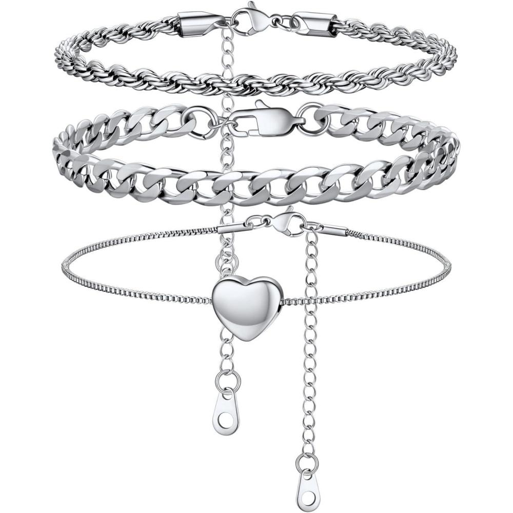 imageU7 2Pcs3Pcs Ankle Bracelets for Women Stainless Steel Cuban LinkFigaroRopeHeart Chain Anklets SetsWaterproof Layered Anklets Adjustable 85quot105quot04 3Pcs Style BStainless Steel