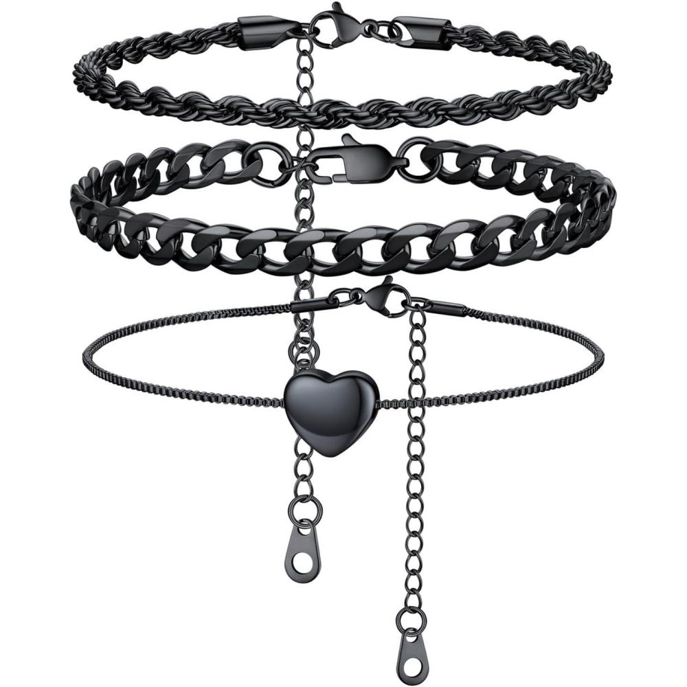 imageU7 2Pcs3Pcs Ankle Bracelets for Women Stainless Steel Cuban LinkFigaroRopeHeart Chain Anklets SetsWaterproof Layered Anklets Adjustable 85quot105quot04 3Pcs Style BBlack