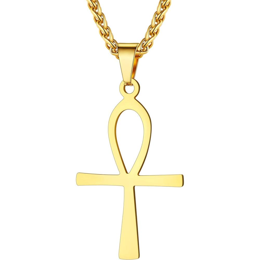 imageU7 Ankh Necklace for Men Women Stainless Steel Black Color Egyptian Jewelry Ankh Cross Pendant Africa Necklaces with Chain 22quotFlat AnkhGold