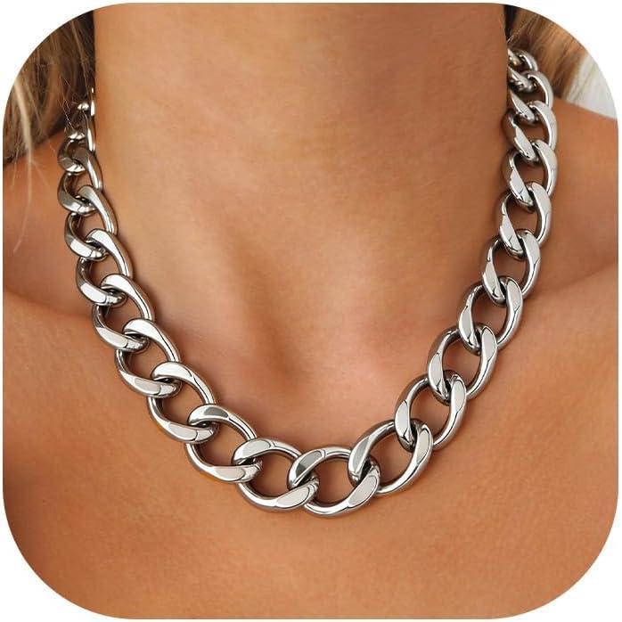imageU7 Chunky Cuban Link Chain for Women Stainless Steel Chain Necklace Dainty 14K GoldSilver Thick Trendy Punk Hip Hop Cuban Chain 12mm16mm20mm20mmSilver