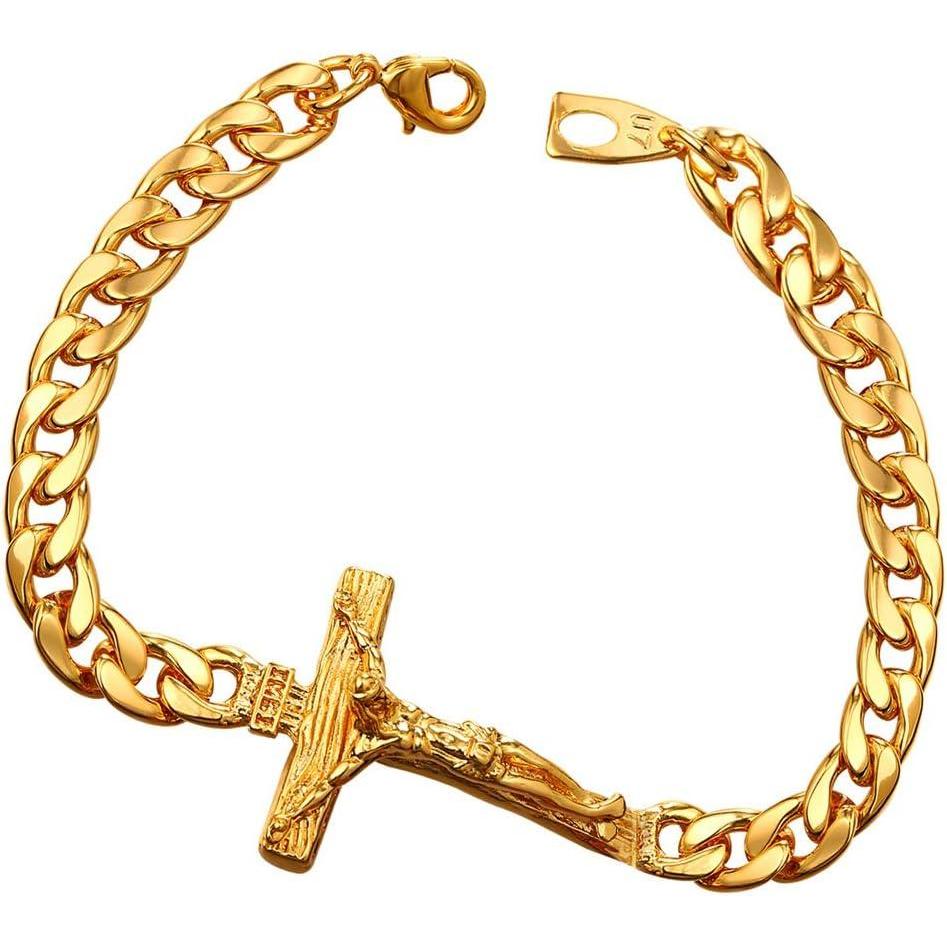 imageU7 Cross Link Bracelet Stainless Steel 18K Gold Plated Christian Bracelet for Men Women