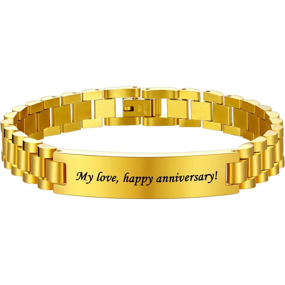 imageU7 Customized ID Bracelets for Men Stainless Steel Cuban Chain Bracelets Hip Hop Bracelets Personalized Engrave Identification Bracelets Bar Bracelets for Men WomenWatch bandgold10mm