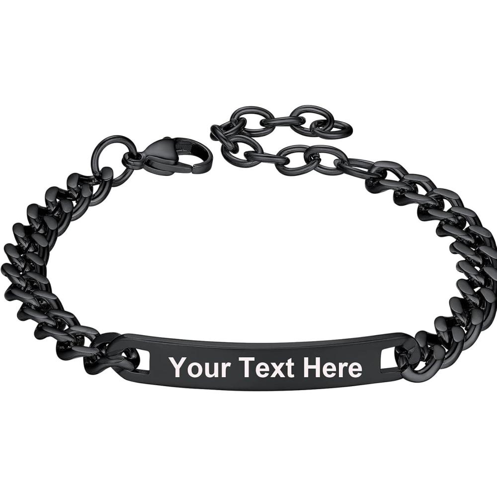 imageU7 Customized ID Bracelets for Men Stainless Steel Cuban Chain Bracelets Hip Hop Bracelets Personalized Engrave Identification Bracelets Bar Bracelets for Men WomenCuban linkblack7mm
