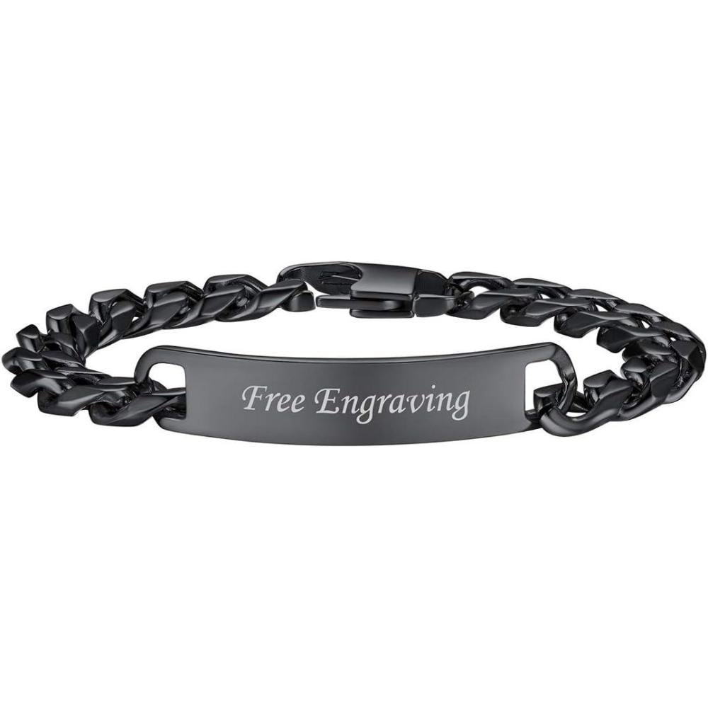 imageU7 Customized ID Bracelets for Men Stainless Steel Cuban Chain Bracelets Hip Hop Bracelets Personalized Engrave Identification Bracelets Bar Bracelets for Men WomenCuban linkblack10mm