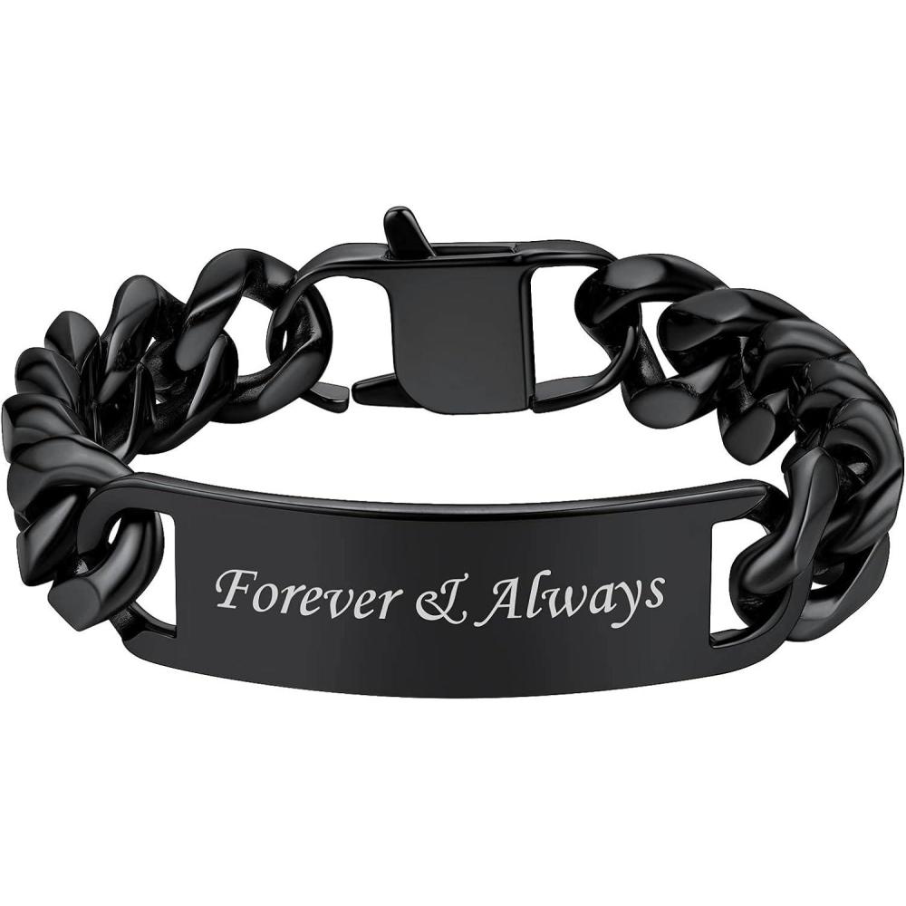 imageU7 Customized ID Bracelets for Men Stainless Steel Cuban Chain Bracelets Hip Hop Bracelets Personalized Engrave Identification Bracelets Bar Bracelets for Men WomenCuban linkblack15mm