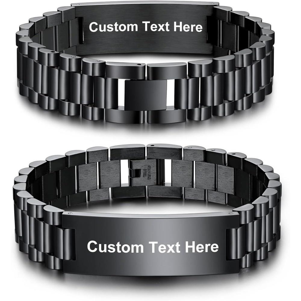 imageU7 Customized ID Bracelets for Men Stainless Steel Cuban Chain Bracelets Hip Hop Bracelets Personalized Engrave Identification Bracelets Bar Bracelets for Men WomenWatch bandblack15mm