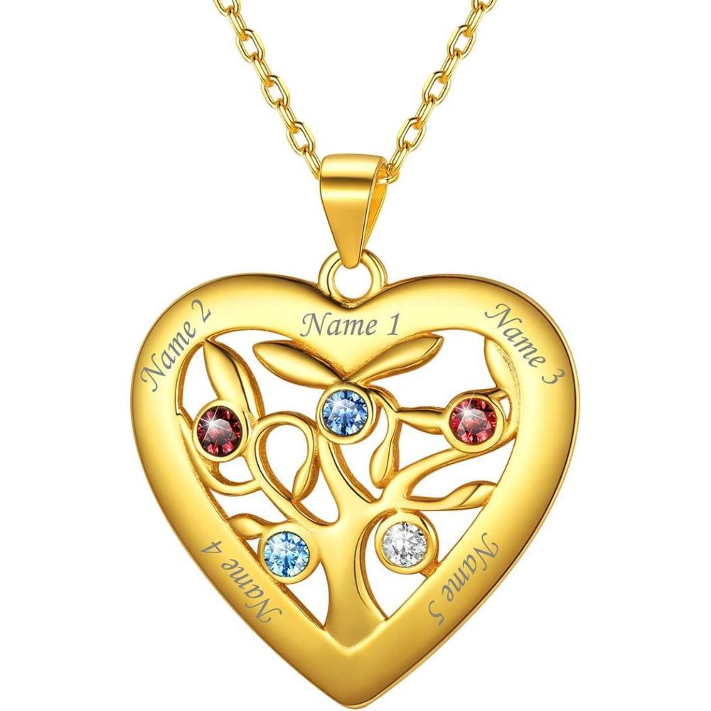 imageU7 HeartRound Tree of Life Necklace Customized Birthstone Jewelry for Women MenCustom Name Family Branch Tree Pendant Personalized Mother Necklaces with 27 Names and BirthstonesGold Plated Sterling SilverHeart5 NamesBirthstone
