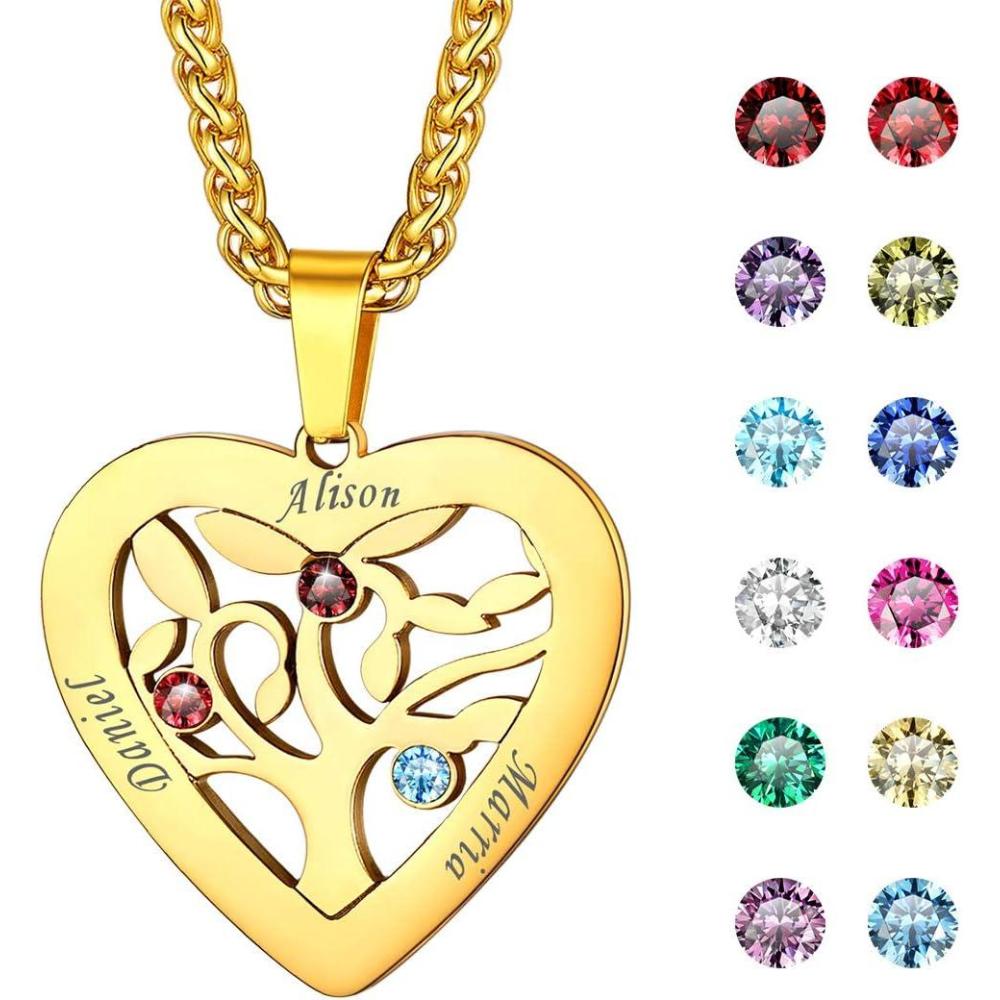 imageU7 HeartRound Tree of Life Necklace Customized Birthstone Jewelry for Women MenCustom Name Family Branch Tree Pendant Personalized Mother Necklaces with 27 Names and BirthstonesGoldHeart3 NamesBirthstone