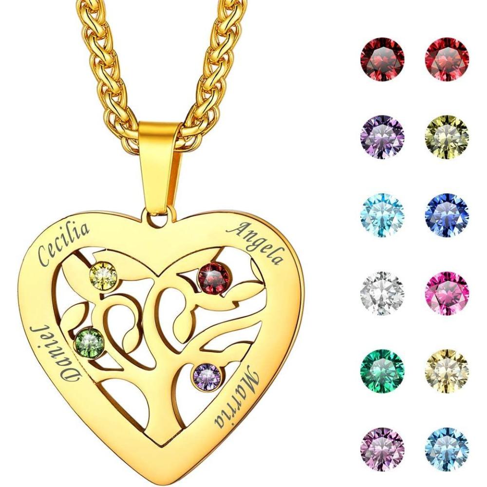 imageU7 HeartRound Tree of Life Necklace Customized Birthstone Jewelry for Women MenCustom Name Family Branch Tree Pendant Personalized Mother Necklaces with 27 Names and BirthstonesGoldHeart4 NamesBirthstone