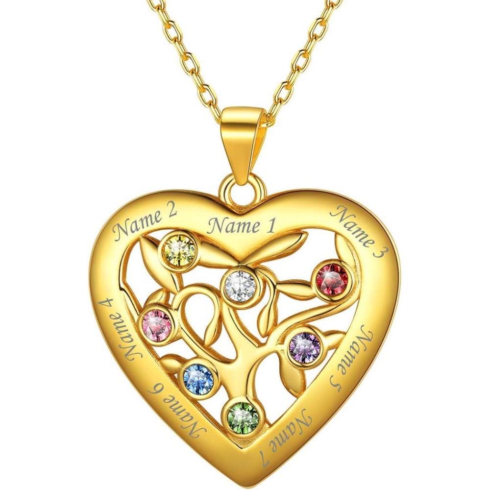 imageU7 HeartRound Tree of Life Necklace Customized Birthstone Jewelry for Women MenCustom Name Family Branch Tree Pendant Personalized Mother Necklaces with 27 Names and BirthstonesGold Plated Sterling SilverHeart7 NamesBirthstone