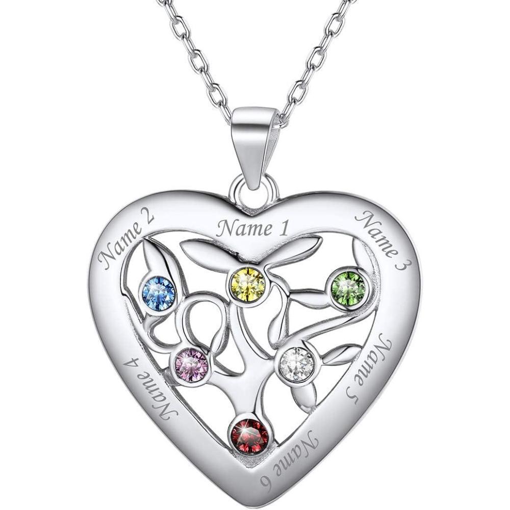 imageU7 HeartRound Tree of Life Necklace Customized Birthstone Jewelry for Women MenCustom Name Family Branch Tree Pendant Personalized Mother Necklaces with 27 Names and BirthstonesSterling SilverHeart6 NamesBirthstone