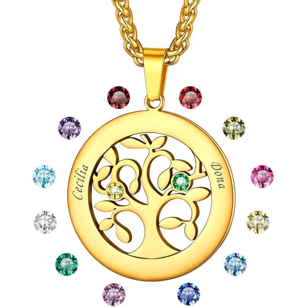 imageU7 HeartRound Tree of Life Necklace Customized Birthstone Jewelry for Women MenCustom Name Family Branch Tree Pendant Personalized Mother Necklaces with 27 Names and BirthstonesGoldRound2 NamesBirthstone