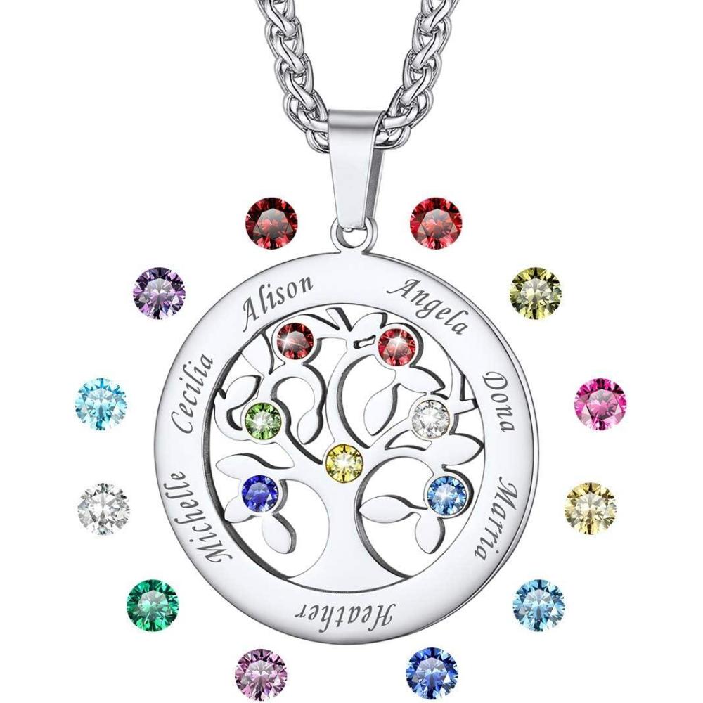 imageU7 HeartRound Tree of Life Necklace Customized Birthstone Jewelry for Women MenCustom Name Family Branch Tree Pendant Personalized Mother Necklaces with 27 Names and BirthstonesStainless SteelRound7 NamesBirthstone