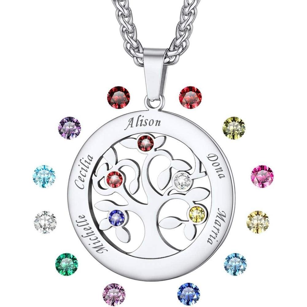 imageU7 HeartRound Tree of Life Necklace Customized Birthstone Jewelry for Women MenCustom Name Family Branch Tree Pendant Personalized Mother Necklaces with 27 Names and BirthstonesStainless SteelRound5 NamesBirthstone