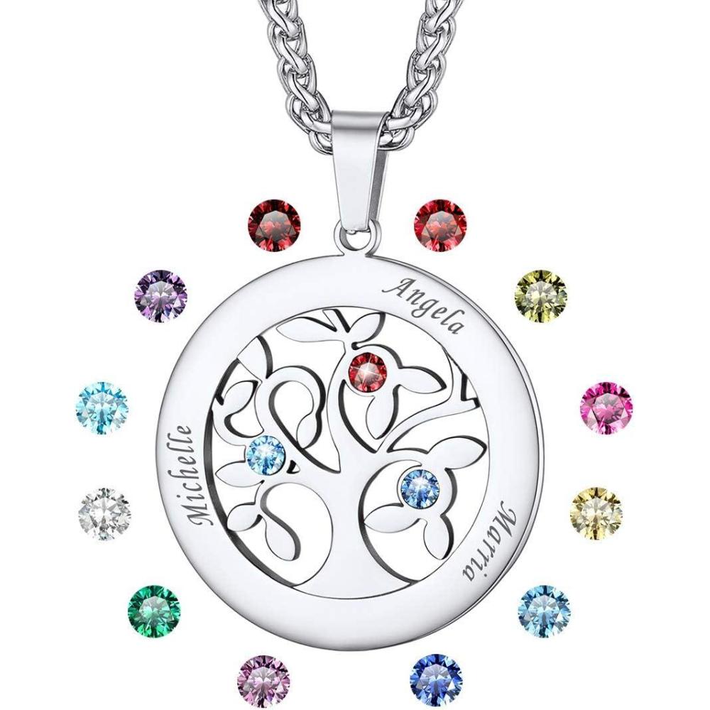 imageU7 HeartRound Tree of Life Necklace Customized Birthstone Jewelry for Women MenCustom Name Family Branch Tree Pendant Personalized Mother Necklaces with 27 Names and BirthstonesStainless SteelRound3 NamesBirthstone