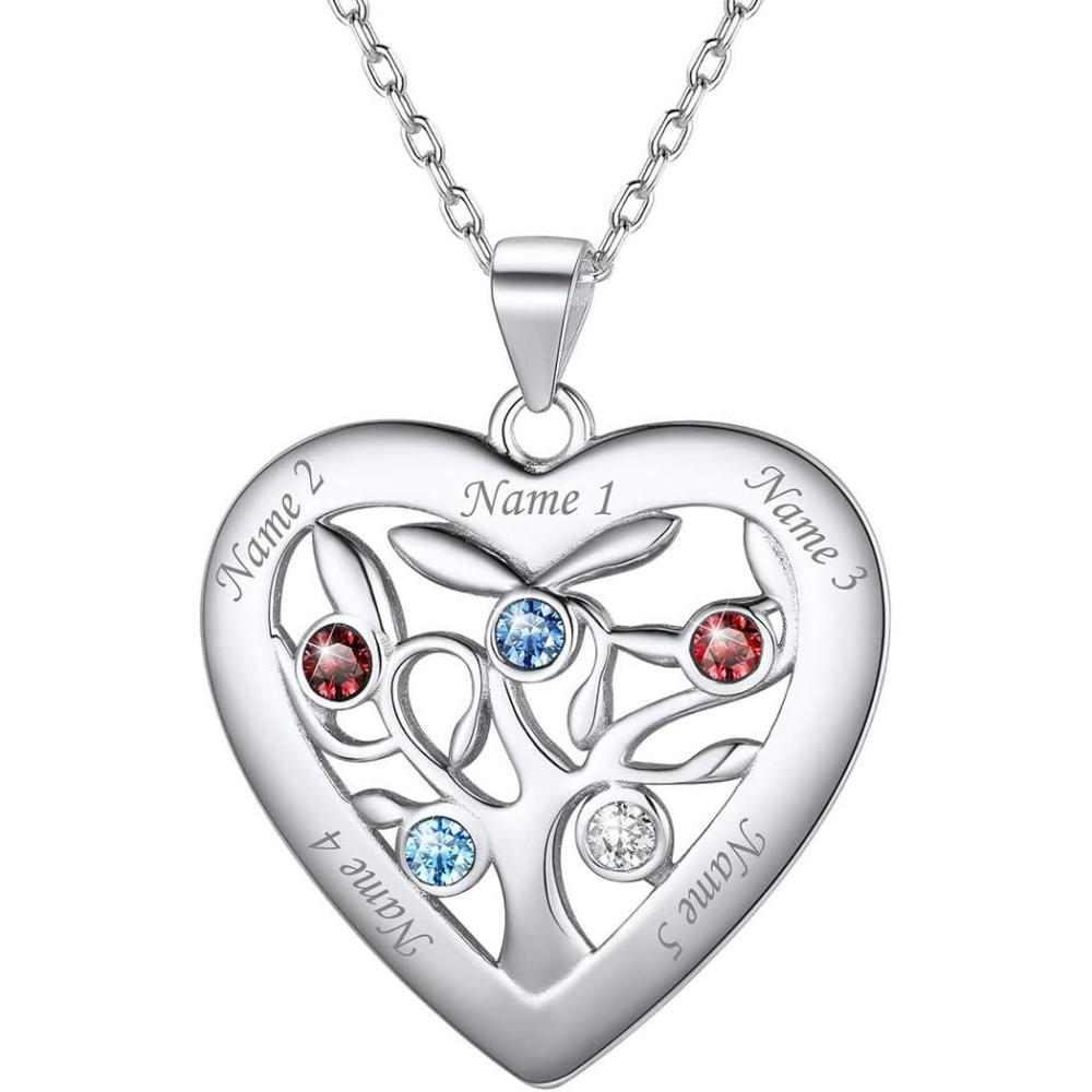 imageU7 HeartRound Tree of Life Necklace Customized Birthstone Jewelry for Women MenCustom Name Family Branch Tree Pendant Personalized Mother Necklaces with 27 Names and BirthstonesSterling SilverHeart5 NamesBirthstone