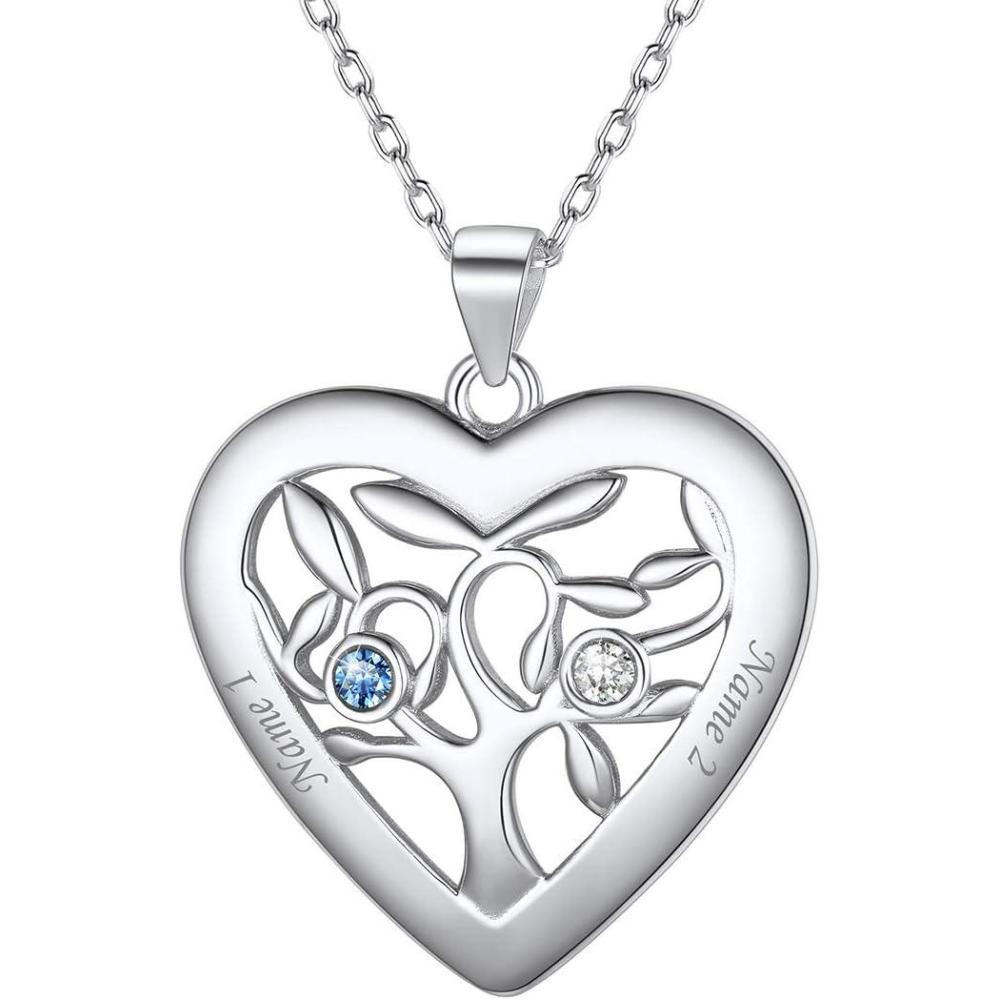 imageU7 HeartRound Tree of Life Necklace Customized Birthstone Jewelry for Women MenCustom Name Family Branch Tree Pendant Personalized Mother Necklaces with 27 Names and BirthstonesSterling SilverHeart2 NamesBirthstone