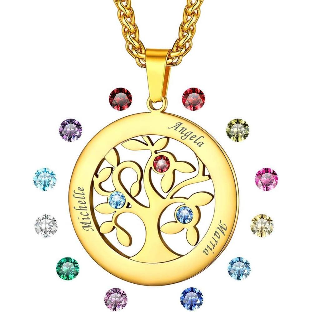 imageU7 HeartRound Tree of Life Necklace Customized Birthstone Jewelry for Women MenCustom Name Family Branch Tree Pendant Personalized Mother Necklaces with 27 Names and BirthstonesGoldRound3 NamesBirthstone
