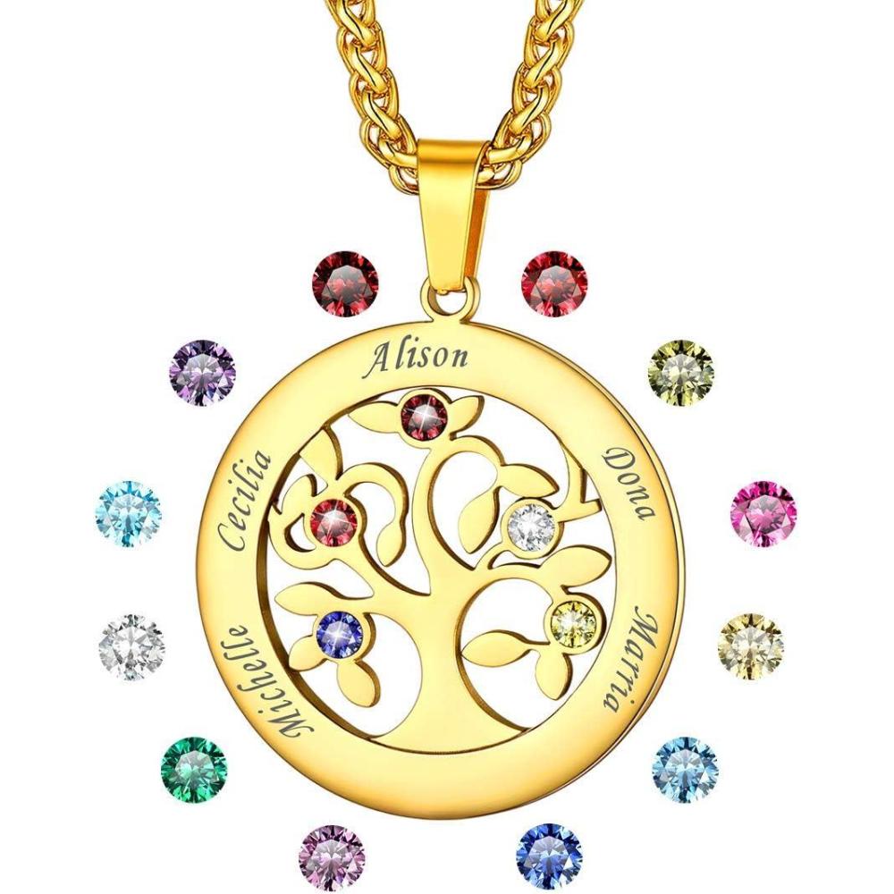 imageU7 HeartRound Tree of Life Necklace Customized Birthstone Jewelry for Women MenCustom Name Family Branch Tree Pendant Personalized Mother Necklaces with 27 Names and BirthstonesGoldRound5 NamesBirthstone
