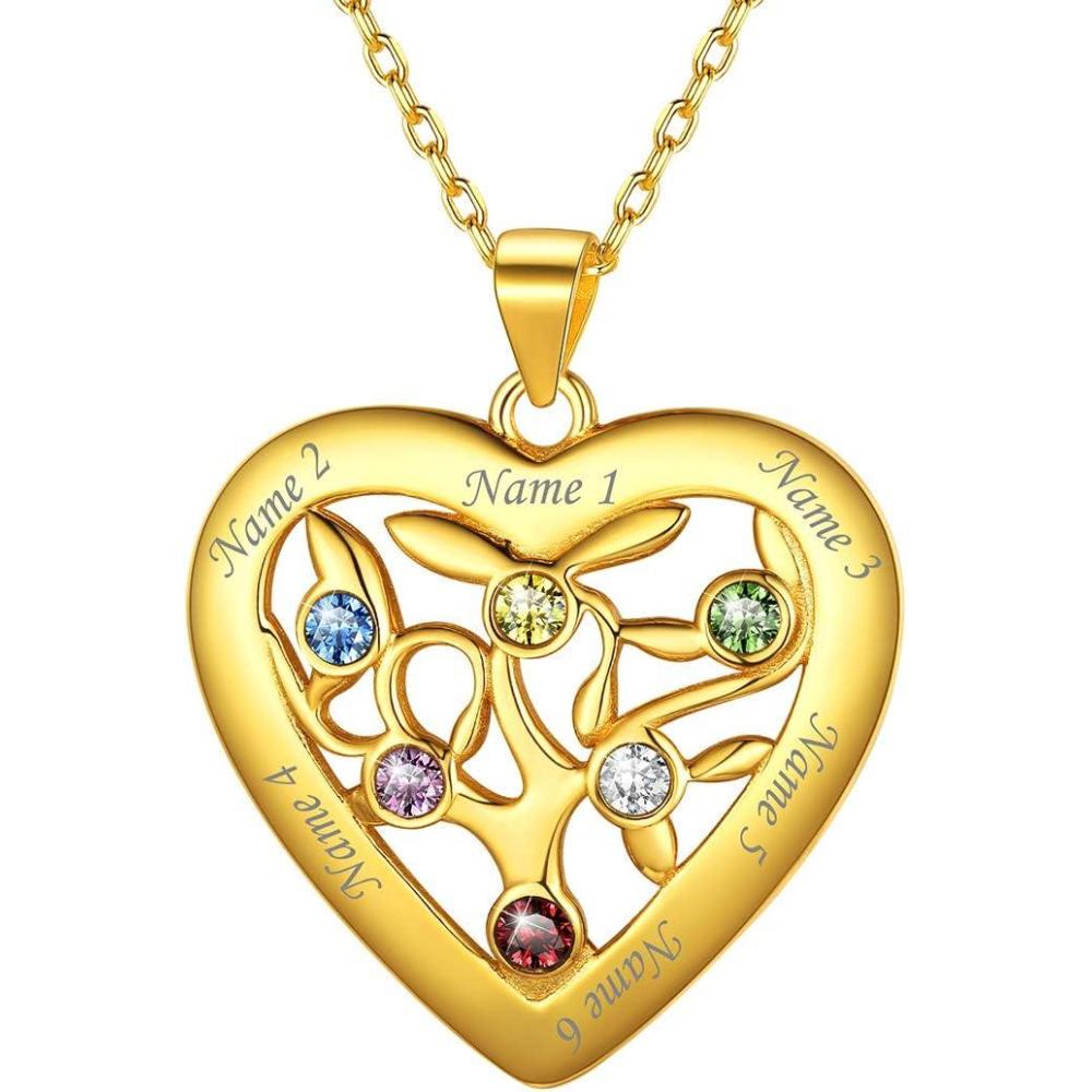 imageU7 HeartRound Tree of Life Necklace Customized Birthstone Jewelry for Women MenCustom Name Family Branch Tree Pendant Personalized Mother Necklaces with 27 Names and BirthstonesGold Plated Sterling SilverHeart6 NamesBirthstone