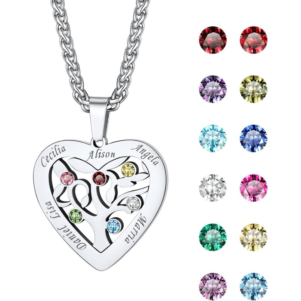 imageU7 HeartRound Tree of Life Necklace Customized Birthstone Jewelry for Women MenCustom Name Family Branch Tree Pendant Personalized Mother Necklaces with 27 Names and BirthstonesStainless SteelHeart6 NamesBirthstone