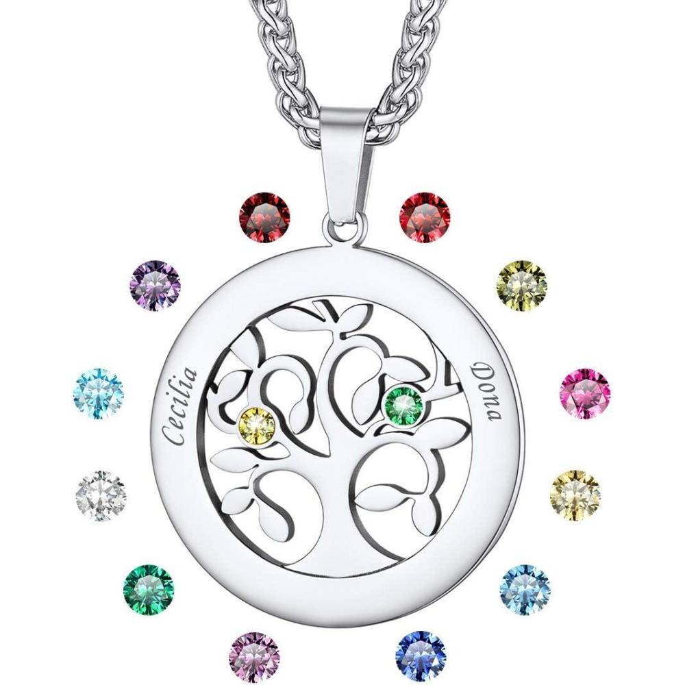 imageU7 HeartRound Tree of Life Necklace Customized Birthstone Jewelry for Women MenCustom Name Family Branch Tree Pendant Personalized Mother Necklaces with 27 Names and BirthstonesStainless SteelRound2 NamesBirthstone
