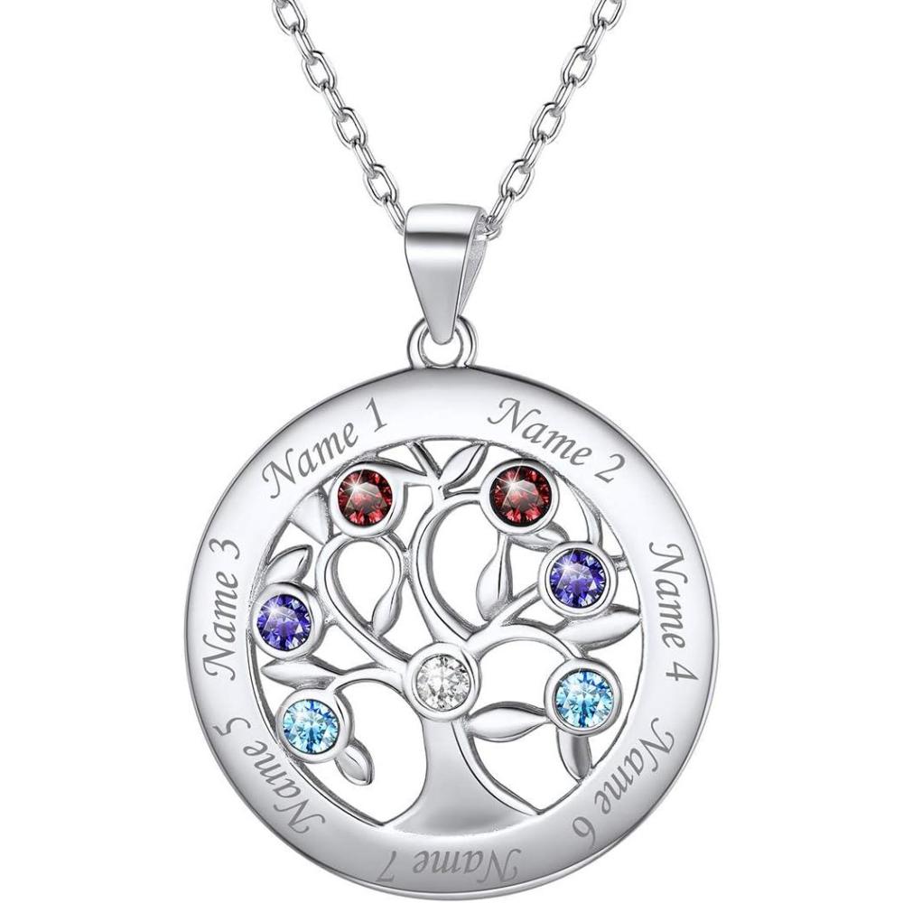 imageU7 HeartRound Tree of Life Necklace Customized Birthstone Jewelry for Women MenCustom Name Family Branch Tree Pendant Personalized Mother Necklaces with 27 Names and BirthstonesSterling SilverRound7 NamesBirthstone