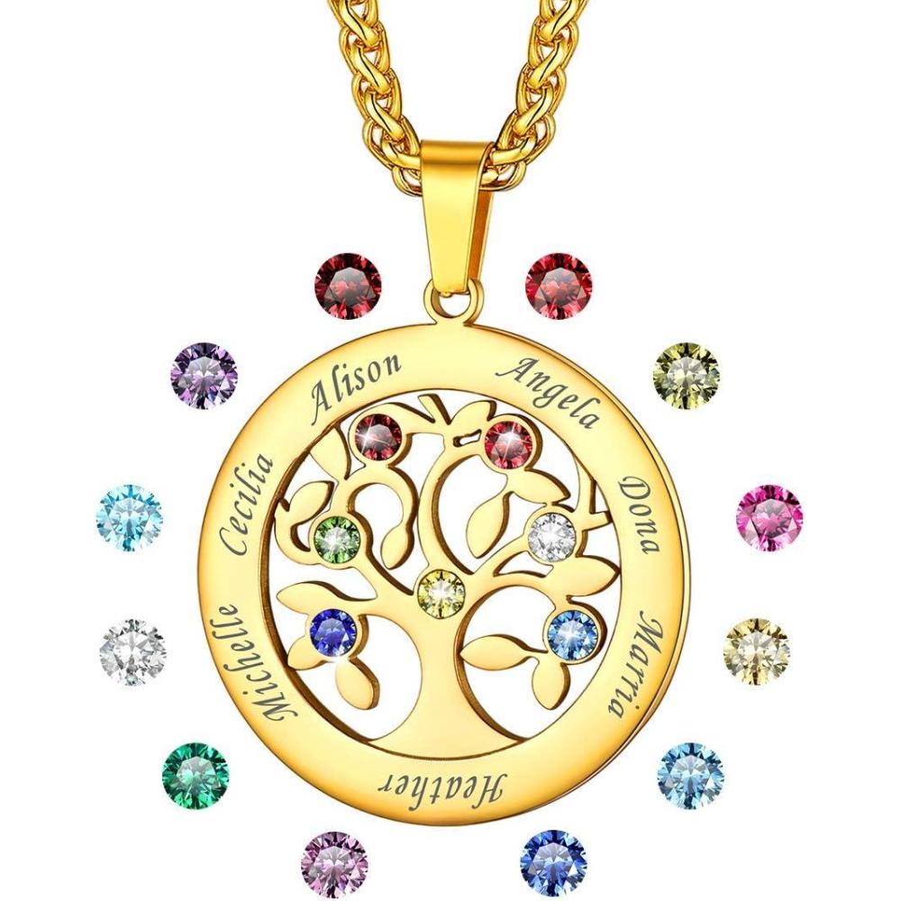 imageU7 HeartRound Tree of Life Necklace Customized Birthstone Jewelry for Women MenCustom Name Family Branch Tree Pendant Personalized Mother Necklaces with 27 Names and BirthstonesGoldRound7 NamesBirthstone