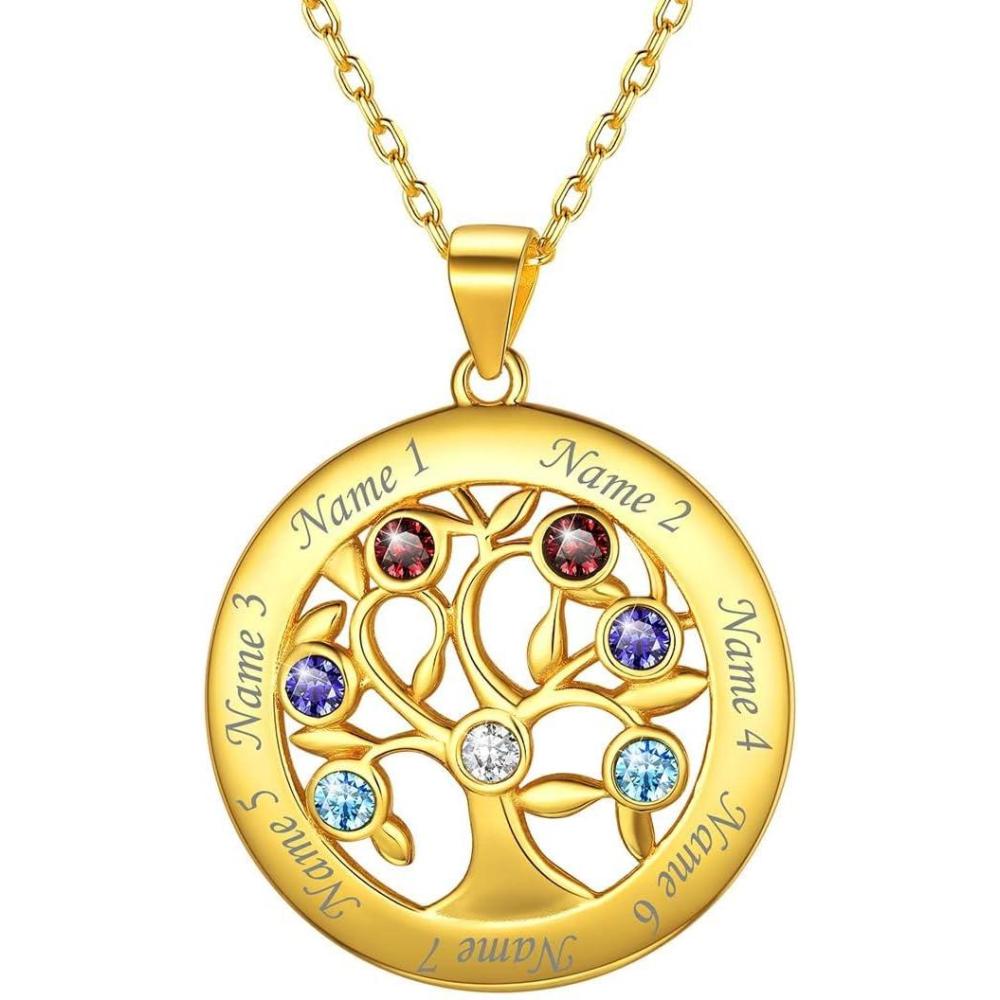 imageU7 HeartRound Tree of Life Necklace Customized Birthstone Jewelry for Women MenCustom Name Family Branch Tree Pendant Personalized Mother Necklaces with 27 Names and BirthstonesGold Plated Sterling SilverRound7 NamesBirthstone