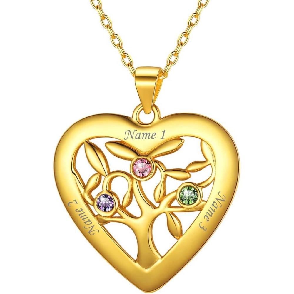 imageU7 HeartRound Tree of Life Necklace Customized Birthstone Jewelry for Women MenCustom Name Family Branch Tree Pendant Personalized Mother Necklaces with 27 Names and BirthstonesGold Plated Sterling SilverHeart3 NamesBirthstone