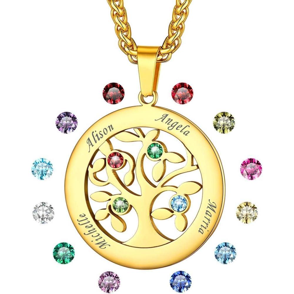 imageU7 HeartRound Tree of Life Necklace Customized Birthstone Jewelry for Women MenCustom Name Family Branch Tree Pendant Personalized Mother Necklaces with 27 Names and BirthstonesGoldRound4 NamesBirthstone