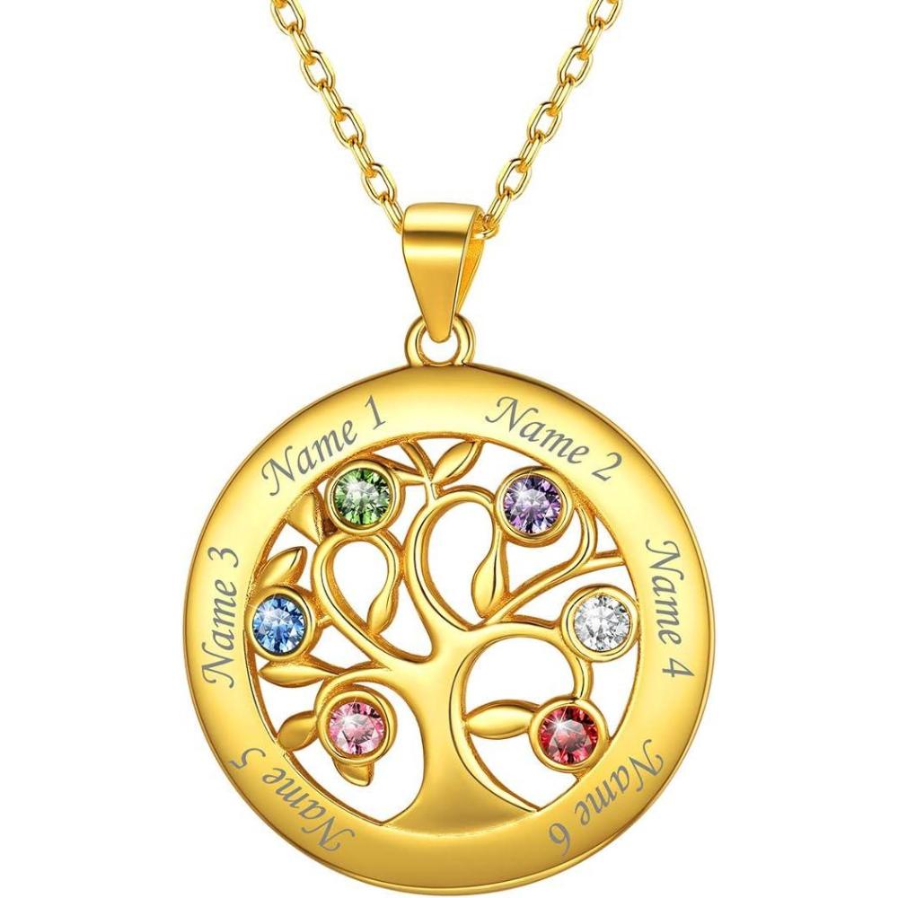 imageU7 HeartRound Tree of Life Necklace Customized Birthstone Jewelry for Women MenCustom Name Family Branch Tree Pendant Personalized Mother Necklaces with 27 Names and BirthstonesGold Plated Sterling SilverRound6 NamesBirthstone