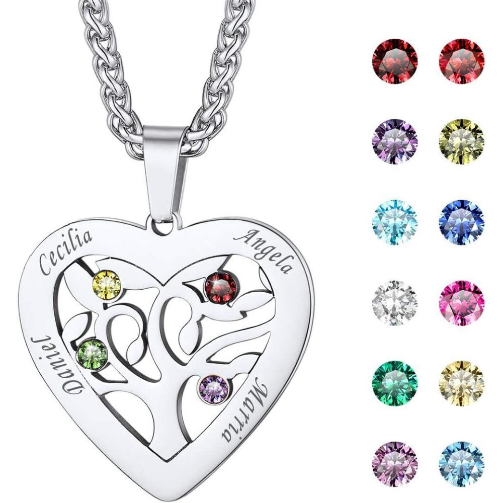 imageU7 HeartRound Tree of Life Necklace Customized Birthstone Jewelry for Women MenCustom Name Family Branch Tree Pendant Personalized Mother Necklaces with 27 Names and BirthstonesStainless SteelHeart4 NamesBirthstone