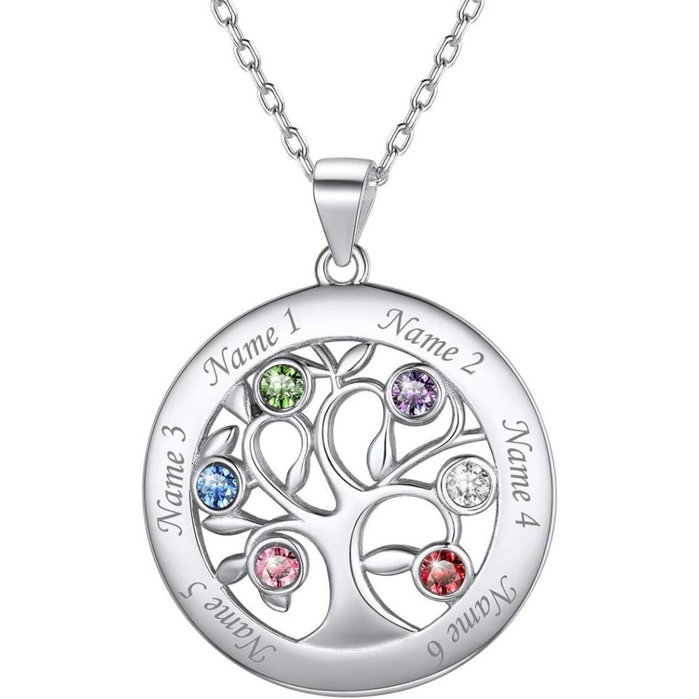 imageU7 HeartRound Tree of Life Necklace Customized Birthstone Jewelry for Women MenCustom Name Family Branch Tree Pendant Personalized Mother Necklaces with 27 Names and BirthstonesSterling SilverRound6 NamesBirthstone