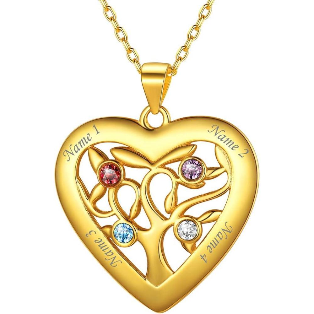 imageU7 HeartRound Tree of Life Necklace Customized Birthstone Jewelry for Women MenCustom Name Family Branch Tree Pendant Personalized Mother Necklaces with 27 Names and BirthstonesGold Plated Sterling SilverHeart4 NamesBirthstone