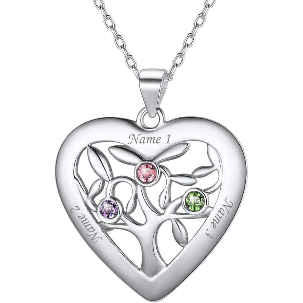 imageU7 HeartRound Tree of Life Necklace Customized Birthstone Jewelry for Women MenCustom Name Family Branch Tree Pendant Personalized Mother Necklaces with 27 Names and BirthstonesSterling SilverHeart3 NamesBirthstone